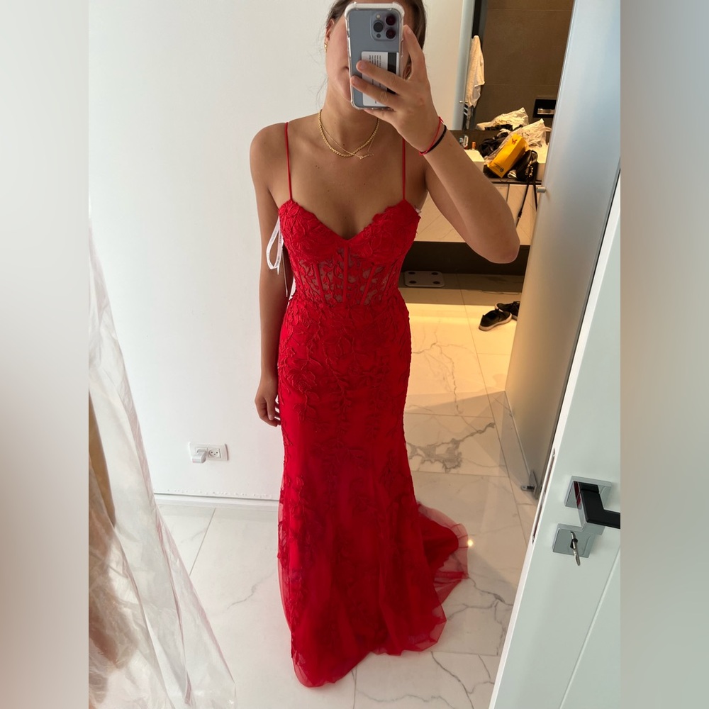 Sherri Hill 54227 Red Leaf Lace Embroidered Fitted Gown